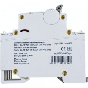 Автоматический выключатель EKF PROxima ВА 47-63, 4P, 40А, 4,5kA, SQ mcb4763-4-40D-pro