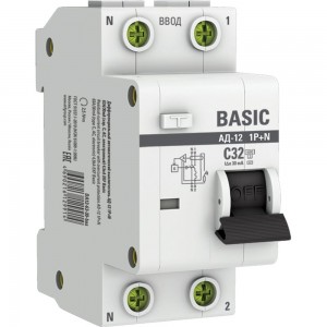 Автоматический выключатель дифференциального тока EKF 1P+N 32А 30мА тип АС, х-ка C, электронный 4,5кА АД-12 Basic DA12-32-30-bas