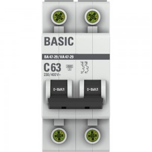 Автоматический выключатель EKF Basic ВА 47-29, 2P, 63А, 4,5кА, SQ mcb4729-2-63C