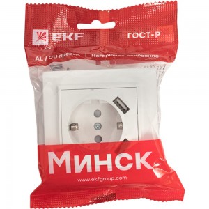 1-местная розетка EKF Минск, СП, с/з, 16А, с защитными шторками, с 2 USB, 2.1А, белая ERR16-028-100-2USB