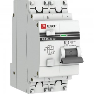 Дифференциальный автомат EKF АД-32 1P+N 16А/10мА (хар. B, AC, электронный, защита 270В) 4,5кА PROxima DA32-16-B-10-pro