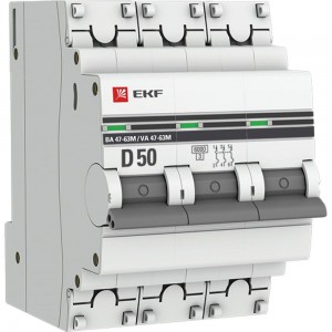 Автоматический выключатель EKF PROxima ВА 47-63M 3P, 50А, D, 6кА, c электро-магнитным расцепителем mcb4763m-6-3-50D-pro