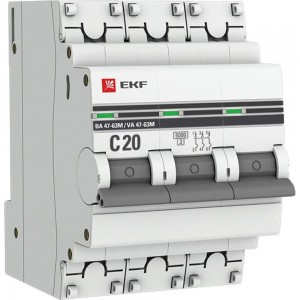 Автоматический выключатель EKF PROxima 3P 20А C 6кА ВА 47-63M с электромагнитным расцепителем mcb4763m-6-3-20C-pro