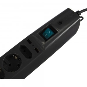 Сетевой фильтр 5 розеток, 2 USB, 2м, с/з, шторками и выключателем, черный, SFU-5es-2m-B ЭРА C0043326