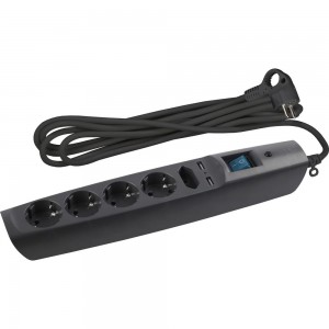 Сетевой фильтр 5 розеток, 2 USB, 2м, с/з, шторками и выключателем, черный, SFU-5es-2m-B ЭРА C0043326