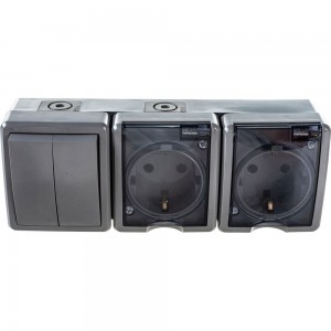 Блок две розетки + двойной выключатель ЭРА 11-7404-03 IP54, 16A 10AX -250В, ОУ, Эксперт серый Б0027676