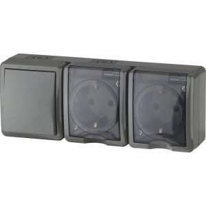 Блок две розетки + выключатель ЭРА 11-7403-03 IP54, 16A 10AX -250В, ОУ, Эксперт, серый Б0027674