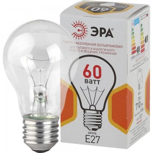 Лампа ЭРА A50 груша 60 Вт, 230В, Е27, цветная упаковка 10/100/3600 Б0039122