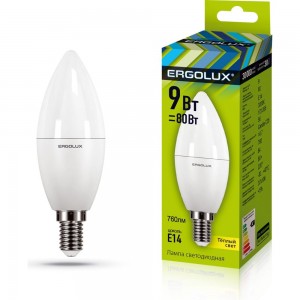 Электрическая светодиодная лампа Ergolux LED-C35-9W-E14-3K Свеча 9Вт E14 3000K 172-265В 13167