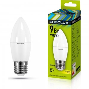 Электрическая светодиодная лампа Ergolux LED-C35-9W-E27-3K Свеча 9Вт E27 3000K 172-265В 13170