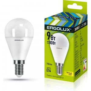 Электрическая светодиодная лампа Ergolux LED-G45-9W-E14-3K Шар 9Вт E14 3000K 172-265В 13173