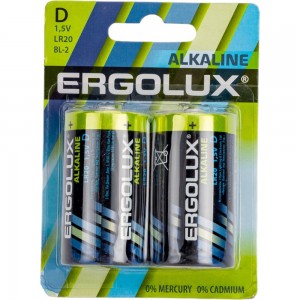 Батарейка Ergolux 1.5В, LR20, Alkaline, BL-2 11752