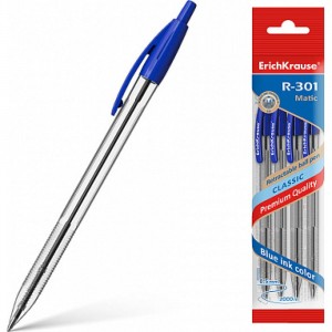 Автоматическая шариковая ручка ErichKrause R-301 Classic Matic 1.0, синий в пакете по 4 шт 46750