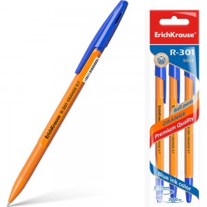Шариковая ручка ErichKrause R-301 Orange Stick 0.7, синий в пакете по 3 шт 42743