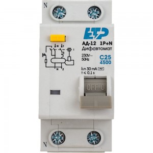 Дифференциальный автомат ETP 1P+N 25А тип АС 30 мА 4,5 кА 19014