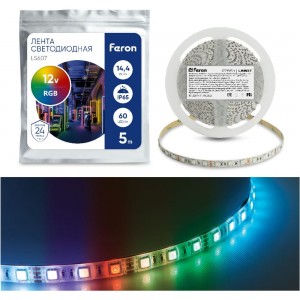 Cветодиодная LED лента FERON 60SMD(5050)/м, 14.4Вт/м, 5м, IP65, 12V, RGB LS607 27651