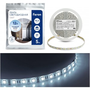 Cветодиодная LED лента 60SMD(5050)/м, 14.4Вт/м, 5м, IP65, 12V, холодный белый Feron LS607 27652