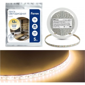 Cветодиодная LED лента 120SMD(3528)/м, 9.6Вт/м, 5м, IP65, 12V, теплый белый Feron LS613 27732