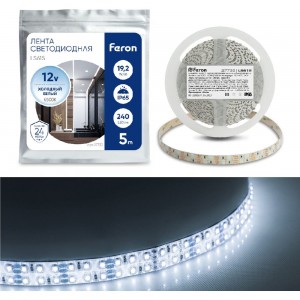 Cветодиодная LED лента 240SMD(3528)/м, 19.2Вт/м, 5м, IP65, 12V, холодный белый Feron LS615 27733