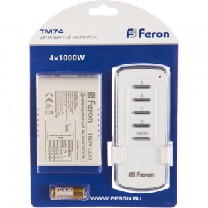 Дистанционный выключатель FERON TM74 230V 1000W 4-х канальный 30м с пультом управления, белый 23263