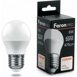 Светодиодная лампа FERON PRO LB-1406 Шарик E27 6W 4000K OSRAM LED 38069