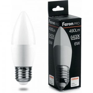 Светодиодная лампа FERON PRO LB-1306 Свеча E27 6W 6400K OSRAM LED 38052