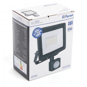 Светодиодный прожектор с датчиком FERON LL-906 20W 6400K 230V черный IP44 121*160*53мм 29556