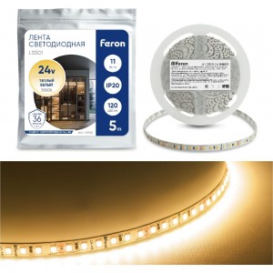 Светодиодная лента FERON 120SMD /м 11Вт/м 24V 5000х8х1.22мм 3000К, LS501 41056