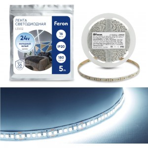 Светодиодная лента FERON LS502/ 180SMD 2835 /м 16Вт/м 24V 5000х10х1.22мм 6000К 41529