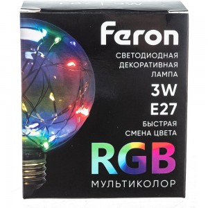 Светодиодная лампа FERON LB-381, G80, 3W 175-265V E27 RGB, 250Lm, угол рассеивания 220 41676