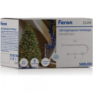 Светодиодная линейная гирлянда FERON CL09 10м + 2м 230V 5000К, c питанием от сети, зеленый шнур, 48177