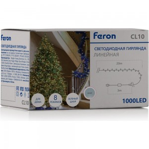 Светодиодная линейная гирлянда FERON CL10 20м + 3м 230V 5000К, c питанием от сети, зеленый шнур, 48180