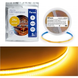 Светодиодная LED лента FERON LS530 COB 320SMD(2110) 8Вт/м 24V 5000x8x1.8мм IP20, желтый 48269