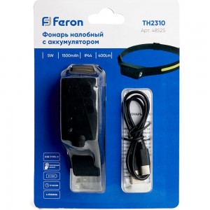 Налобный фонарь FERON th2310 c аккумулятором 5w, 1500mah ip44, usb type-c, abs пластик, резина, 48525