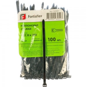 Нейлоновые стяжки FORTISFLEX КСС 8х200 черный 100 штук 50281