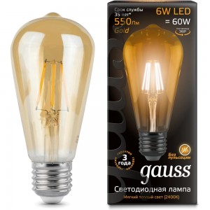 Лампа LED ST64 E27 6W Golden 2400К Gauss Filament 102802006