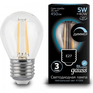 Лампа LED Globe E27 5W 4100K Gauss Filament 105802205