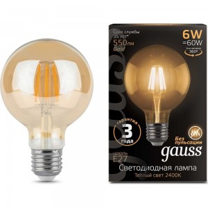 Лампа LED G95 E27 6W Golden 2400K Gauss Filament 105802006