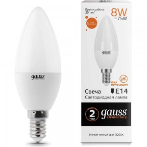 Лампа LED Candle 8W E14 3000K Gauss Elementary 33118