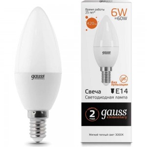 Лампа LED Candle 6W E14 3000K Gauss Elementary 33116