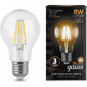 Светодиодная лампа Gauss LED Filament A60 E27 8W 2700К 102802108