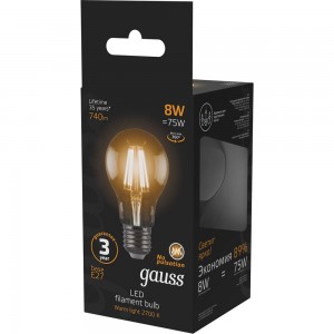 Светодиодная лампа Gauss LED Filament A60 E27 8W 2700К 102802108