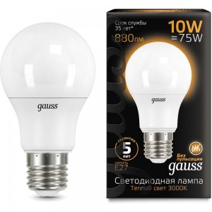 Лампа Gauss LED A60 10W E27 880lm 3000K 102502110