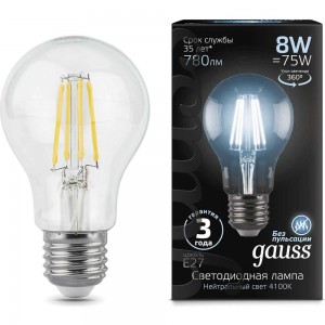 Лампа Gauss LED Filament A60 E27 8W 780lm 4100К 102802208
