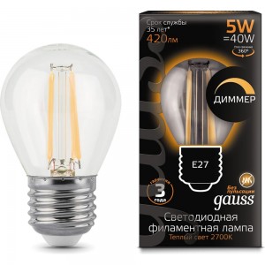 Лампа Gauss LED Filament Шар dimmable E27 5W 420lm 2700K 105802105-D