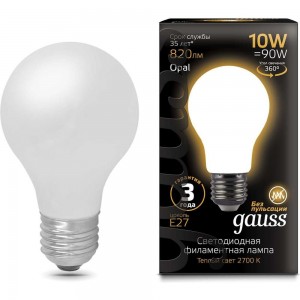 Лампа Gauss LED Filament A60 OPAL E27 10W 820lm 2700К 102202110