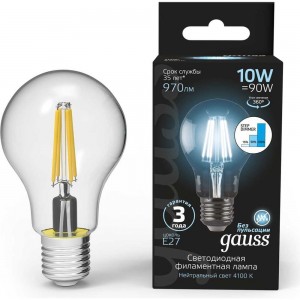 Лампа Gauss LED Filament A60 E27 10W 970lm 4100К step dimmable 102802210-S