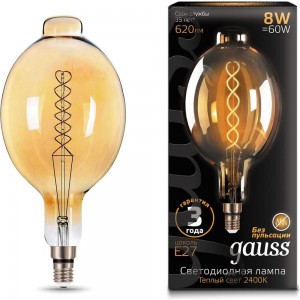 Лампа Gauss LED Vintage Filament Flexible BT180 8W E27 180х360mm Golden 620lm 2400K 152802008