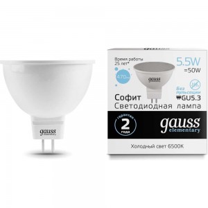 Лампа Gauss LED Elementary MR16 GU5.3 5.5W 470lm 6500К 13536
