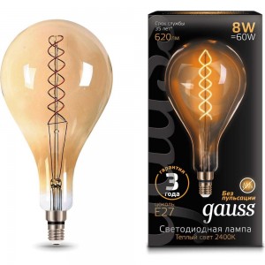 Лампа Gauss LED Vintage Filament Flexible A160 8W E27 160х300mm Golden 620lm 2400K 150802008
